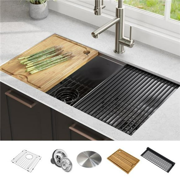 Kraus KWU112-33 33 in. Kore Workstation Undermount 16 Gauge Double Bowl Stainless Steel Kitchen Sink with Accessories - Pack of 8