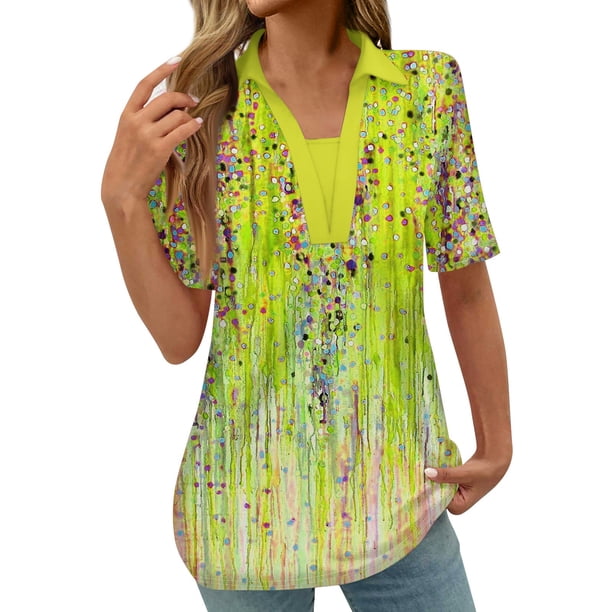 Tops Cortos para las Mujeres Blusas Impresas Manga Corta Turndown Collar Camiseta, Tops de Blusa para las Mujeres Casual