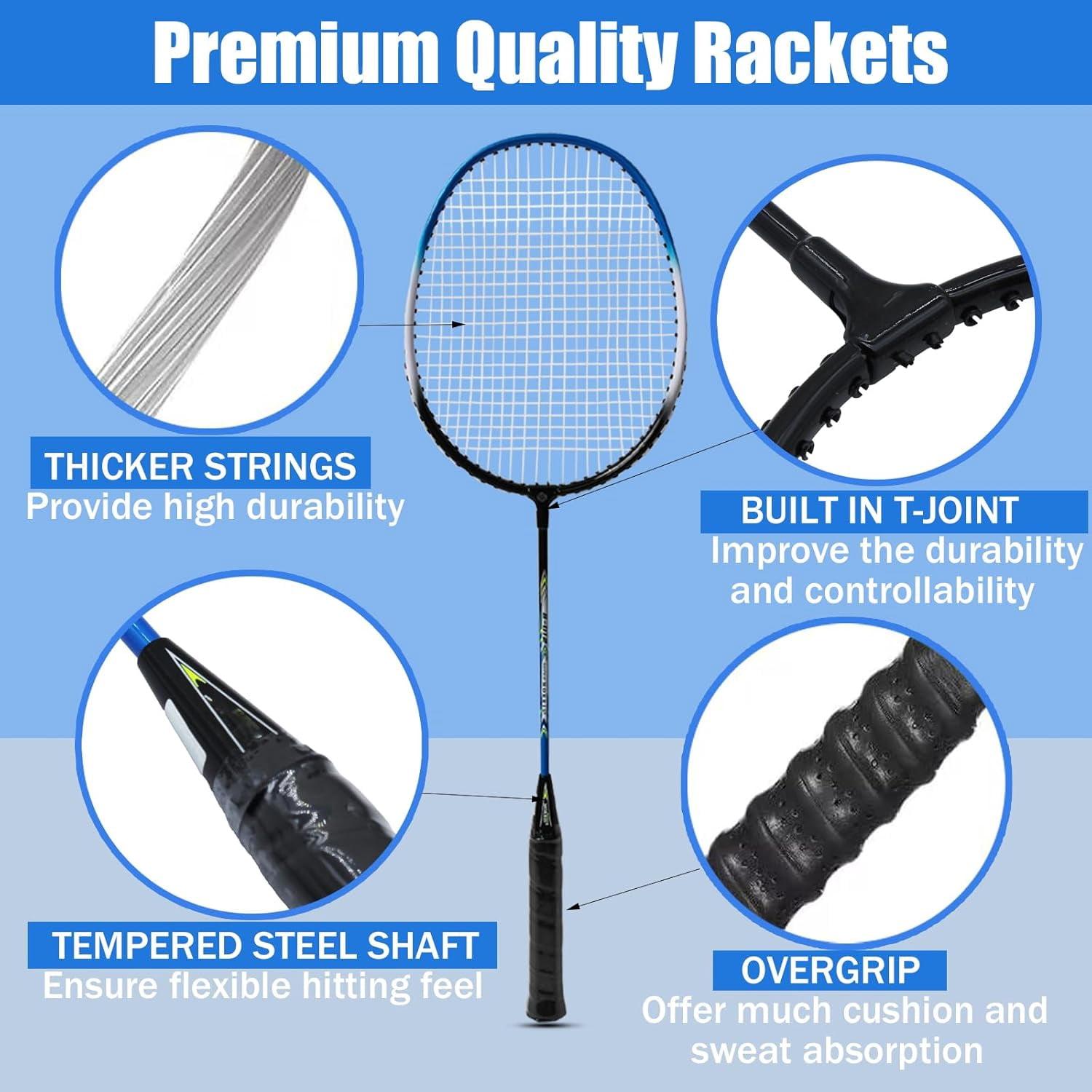 Badminton Rackets Set, Including Racquets, Shuttlecocks, Replacement Grip Tapes & Carry Bag