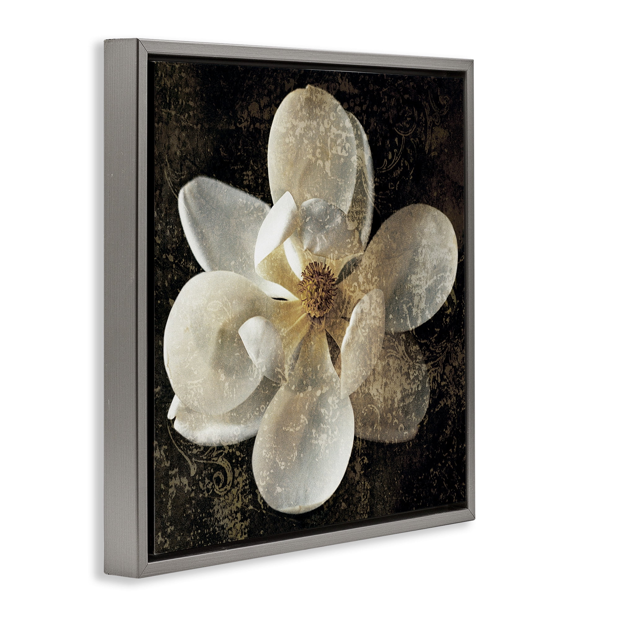 Stupell Industries Rustic Patterned Magnolia Botanical & Floral Painting Gray Floater Framed Canvas Art Print Wall Art, 25 x 25