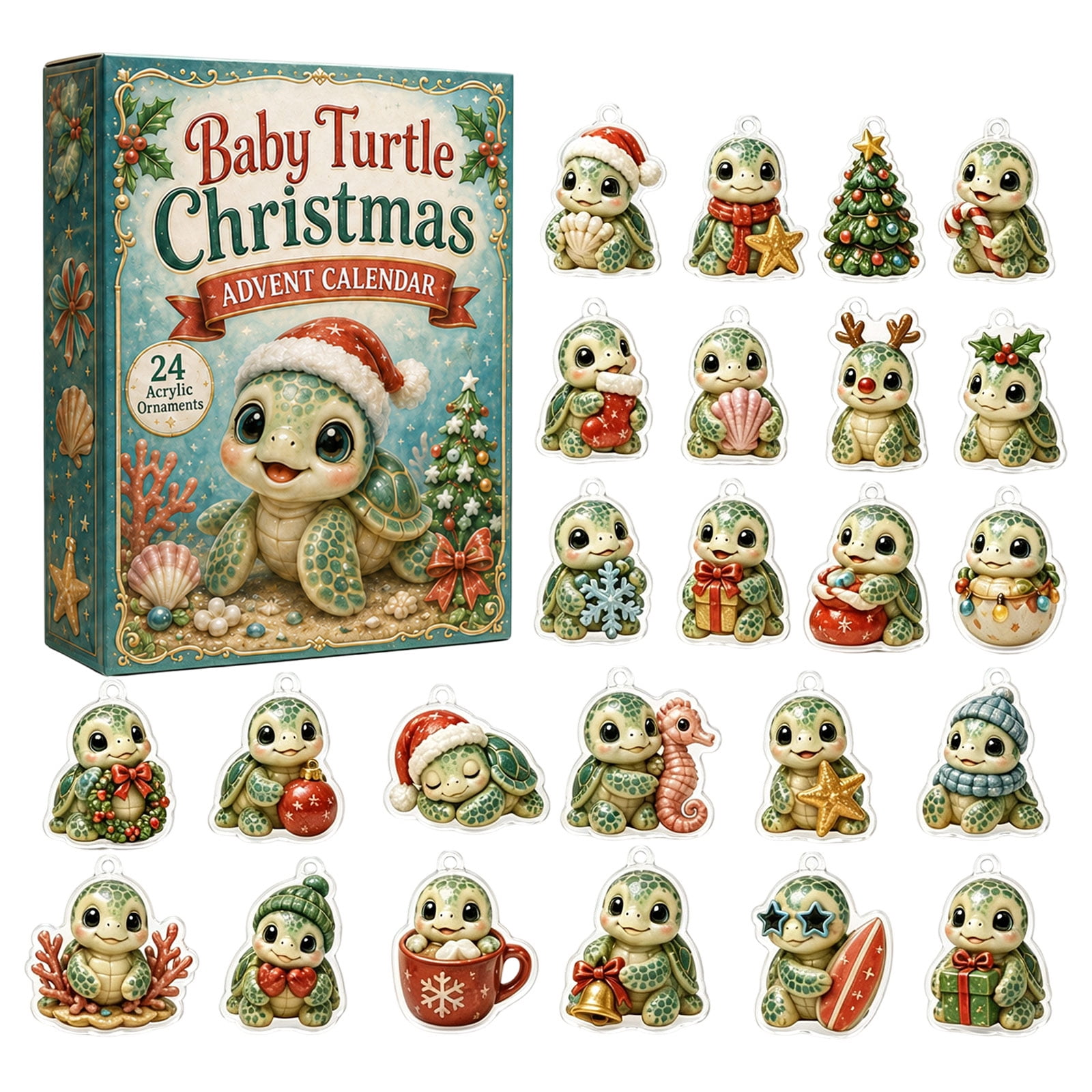 Ocean Baby Sea Turtle 2026 Christmas Advent Calendar,24 Days Xmas Countdown Calendar,24Pcs 2D Acrylic Tree Hanging Ornaments,Christmas Stocking Stuffer Gifts for Kids Adults Sea Animal Lovers