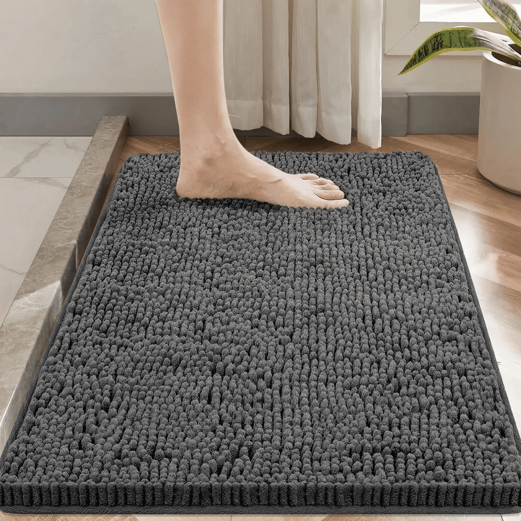 Evlmd Bathroom Rugs, Extra Soft Absorbent Shaggy Chenille Bath Rugs, Non-Slip Dark Grey Bath Mats for Bathroom Floor Tub and Shower, Home Decor Accessories, 24" X 47"