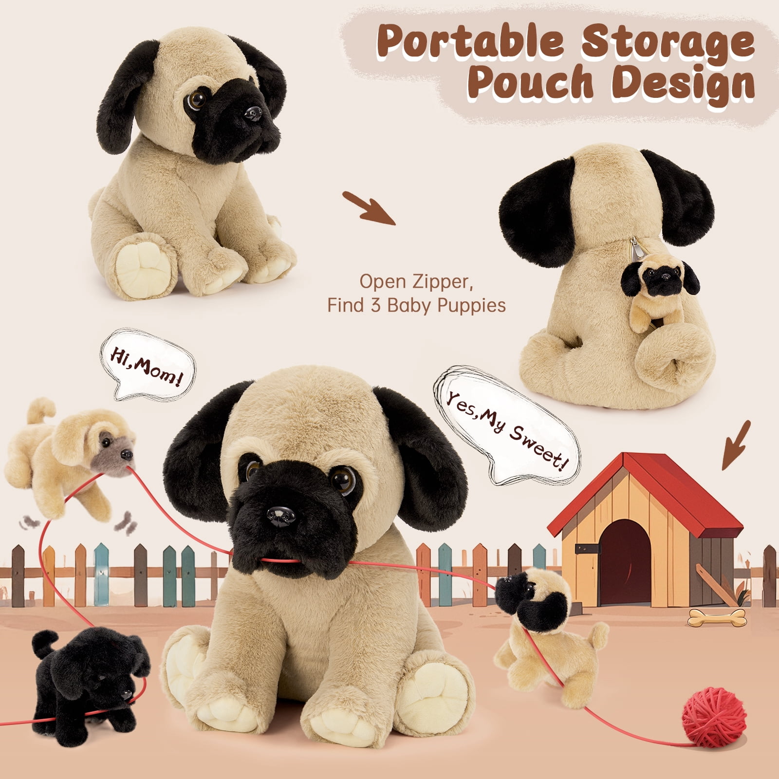Muiteiur 4Pcs Pug Dog Stuffed Animal 14'' Dog Plush with 3 Puppies Plush Toy