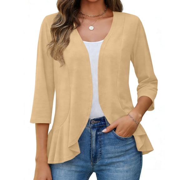 Women's Ruffle 3/4 Sleeve Cardigan Lightweight Casual Open Front Knitwear for Office Daily Wear Khaki S