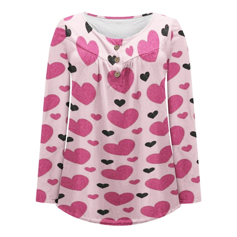 Valentine's Day Long Tunics for Women To Wear With Leggings Fashion Heart  Print Long Sleeve Henley Shirts Blouse