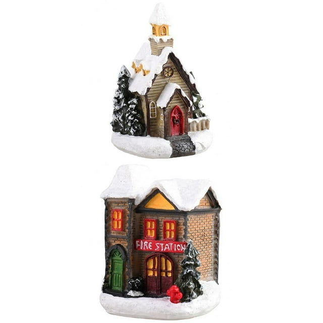 2pcs Linda Escena Navideña Casa De Nieve LED Pueblo Conjunto Decoración De Escritorio