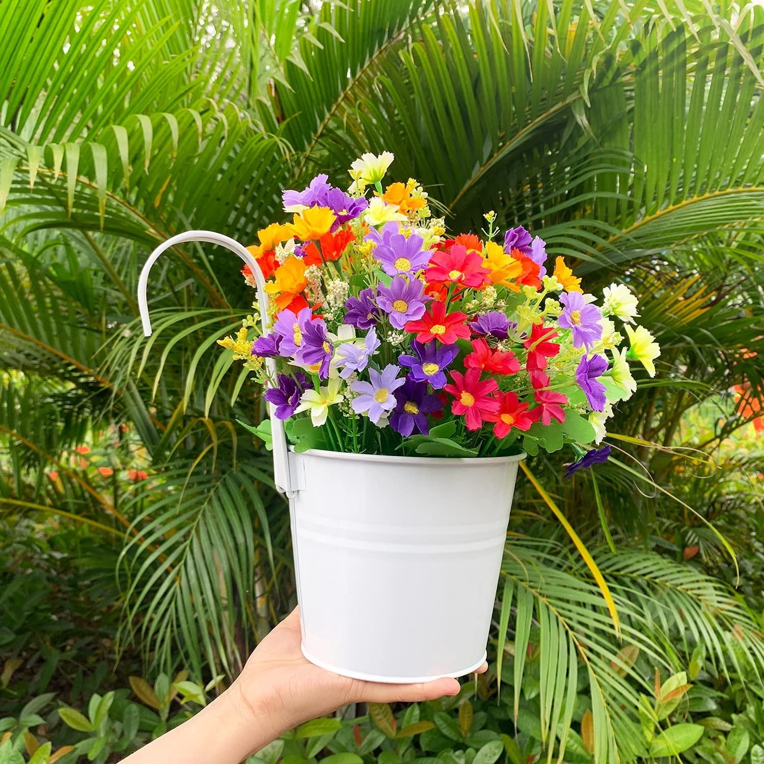 Casewin Hanging Flower Pots,6.3"x 4.7" x 5.3" Iron Hanging Planter Outdoor & Indoor ,Multicolor Bucket Pots with Detachable Hooks, for Railing Fence Balcony Planter Home Decoration, 6PCS