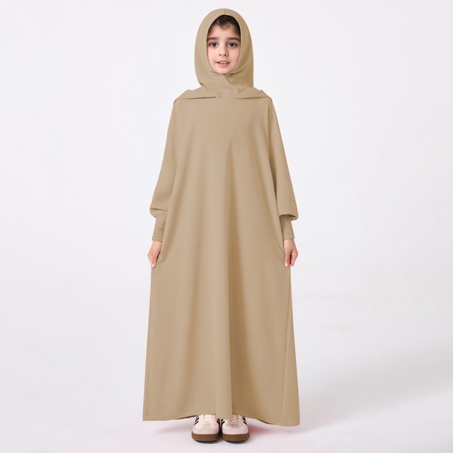 XDZJLR Barboteuse Fille Élégante Abaya Arabe Moyenne Chandail à Capuchon Robe Ample Robe de Prière Longue Robe Barboteuse Kaki 7-8 Ans
