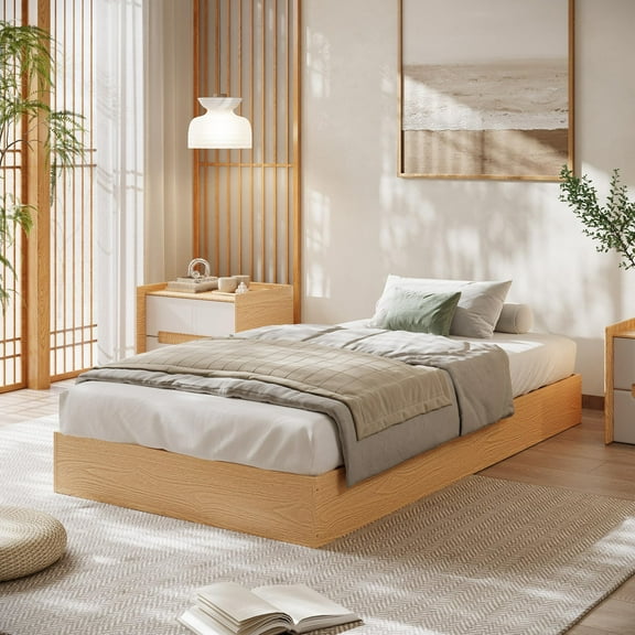 Wood Platform Bed Frame Twin Size No Headboard, Sturdy Wood Slat Support No Box Spring Needed Easy Assembly Space-Saving Available Twin Pine Walnut
