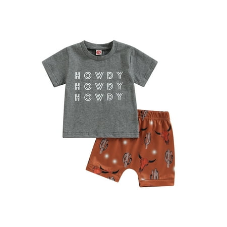 

Qtinghua Infant Baby Boy Western Clothes Letter Printed T Shirt Tops Cow Shorts Summer Outfits Gray 0-6 Months