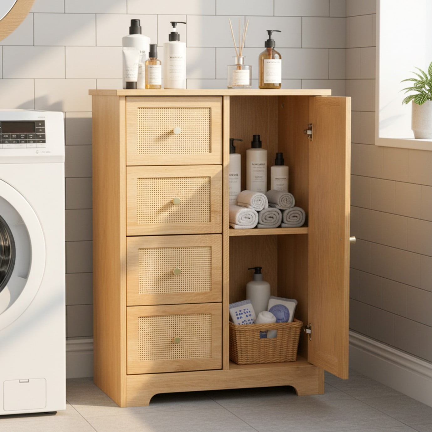 Ktaxon Wooden Bathroom Floor Cabinet, Side Storage Organizer with 4 Drawers, 1 Cupboard & 2-Shelves, Rattan