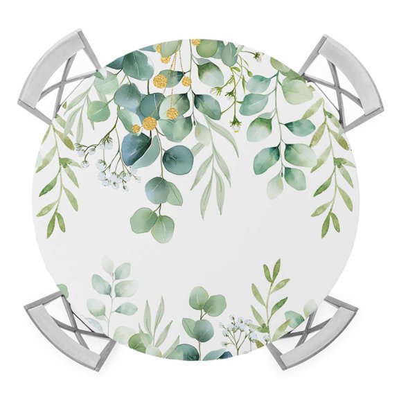 Elastic Fitted Round Tablecloth, Sage Green Eucalyptus Leaves Waterproof Stretch Table Cover for 45"-54" Tables, Spring Summer Botanical Washable Outdoor Tablecloths for Patio, Picnic, Camping