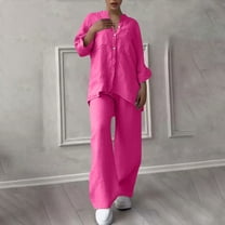 UVEASISHA Cotton Linen 2 Piece Outfits for Women Long Sleeve Matching Sets Solid Casual Button Down Shirts and Drawstring Wide Leg Pants Set Hot Pink XXL