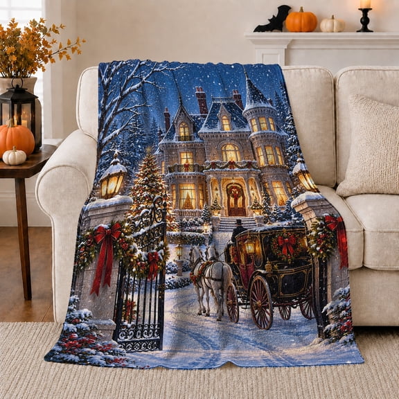 Festive Victorian Christmas Mansion Horse-Drawn Carriage Holiday, Festive Holiday Scene, Warm Flannel Blanket for Ranch House and Living Room, Horse Lovers Christmas Gift, Rustic Home Decor