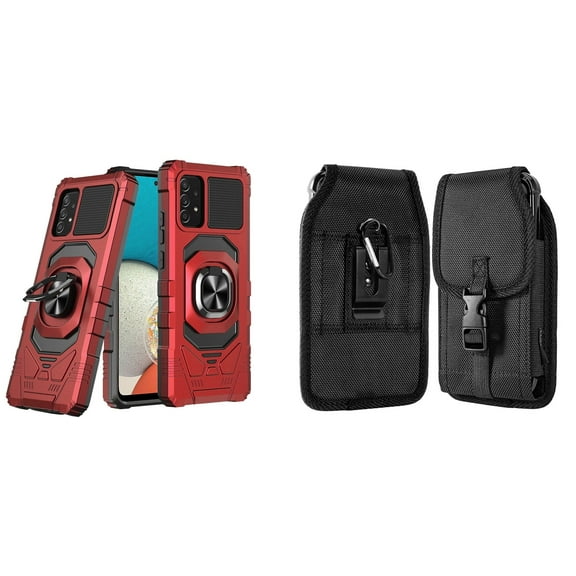Case with Belt Holster Bundle for Samsung Galaxy A53 5G: Heavy Duty Shield Cover (Red) and Vertical Nylon Buckle Phone Pouch