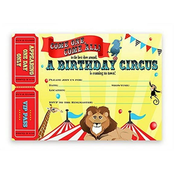 Big Top Circus LARGE Invitations - 10 Invitations 10 Envelopes