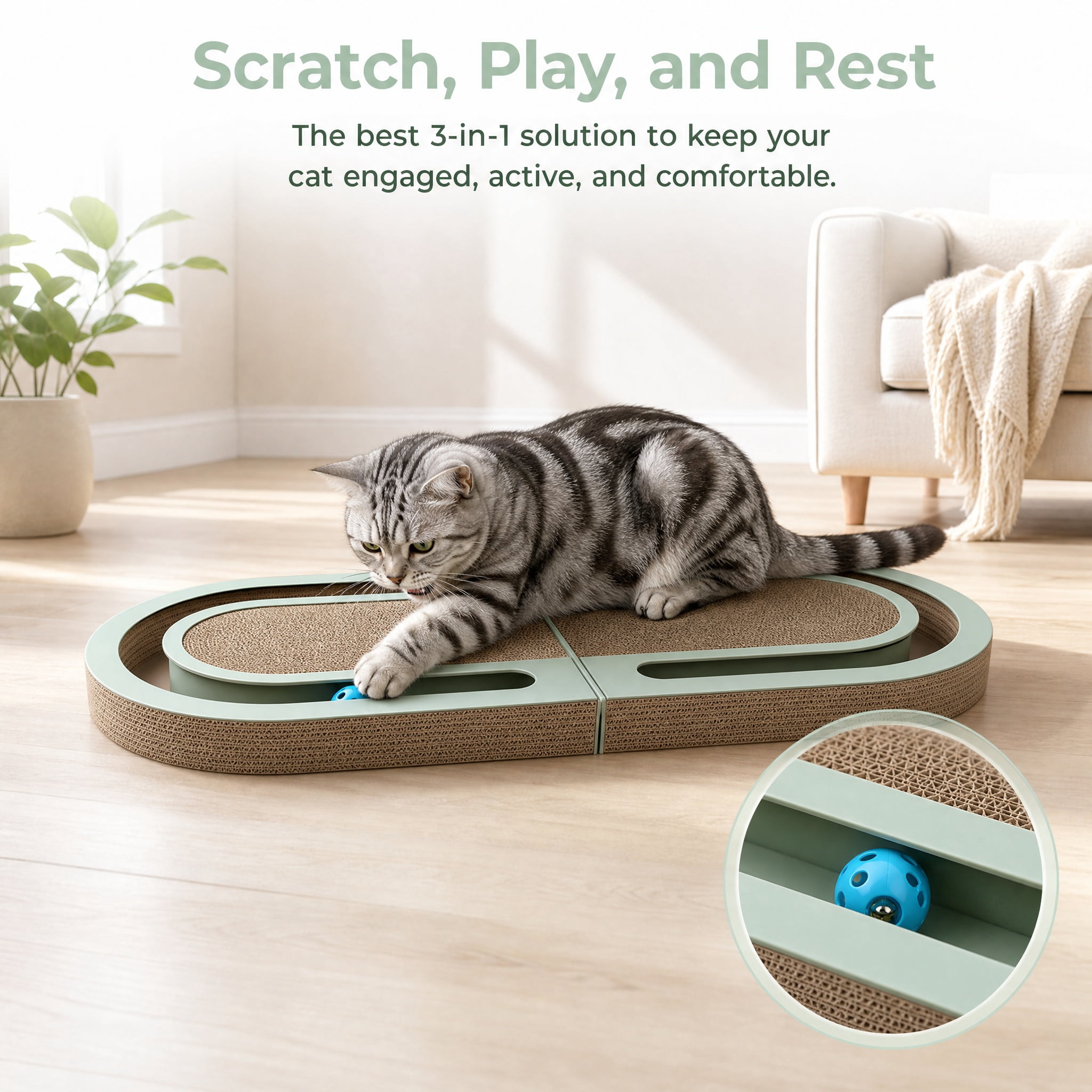 Cat Scratcher Cardboard Ball Track Toys, Interactive Toy Lounger House Scratching Lounge Bed Foldable Scratch Pad Nest for Kitty, Indoor Cats