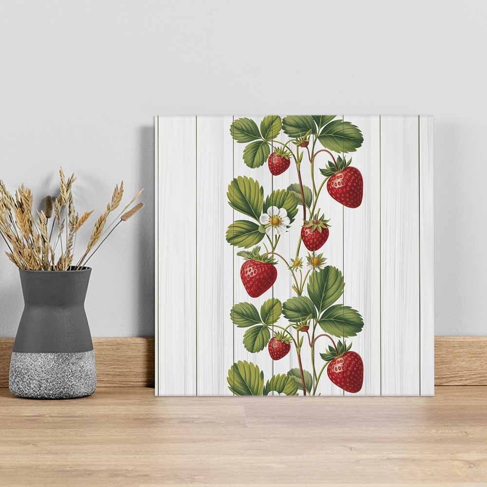 Strawberry Canvas Wall Art, Vintage Country Strawberry Leaf White Wood Grain Framed Wall Decor Modern Artwork Prints Painting for Living Room, Bedroom, Kitchen & Cafe Decor 16x16 Inch
