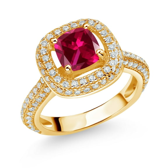 Gem Stone King 18K Yellow Gold Plated Silver Red Created Ruby and White Moissanite Engagement Ring for Women (1.63 Cttw, Cushion 6MM, Gemstone July Birthstone, Size 9)