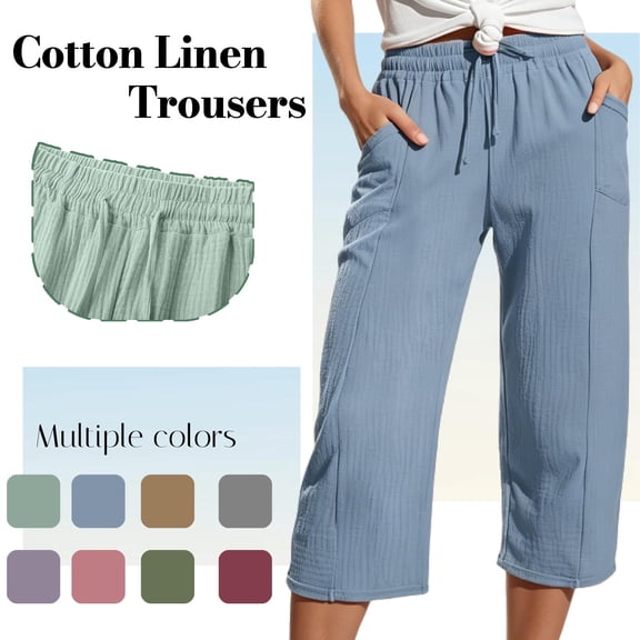 LEKWK Linen Crop Pants for Women Wide Leg Lightweight Elastic Waist Capri Pants with Pockets Drawstring Cropped Length Loose Fit Beach Vacation Lounge Wear Blue S