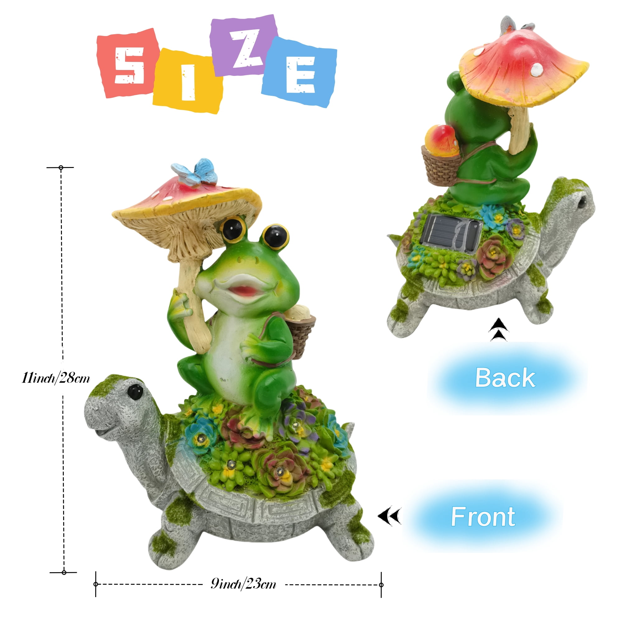 Outdoor Decor Turtle Solar Garden Statue, Frog Sit on Tortoise Holding Mushroom Sculpture