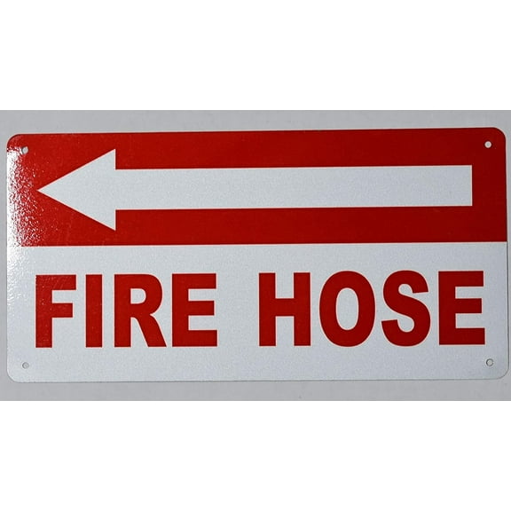 FIRE Hose Arrow Left Sign (White, Reflective !!, Aluminium 6x12) (ref-2201)