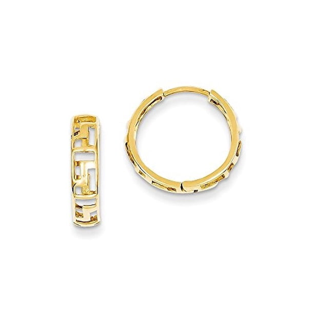 Earring Huggie 14K Yellow Gold 4 MM Greek Key Huggie Hoop Earrings