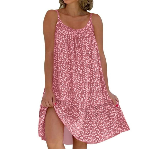 Kcodviy Dress for Women Floral Womens Casual Dresses O Neck Ruffle Hem Womens Wrap Dress Summer Spaghetti Strap Sleeveless Short Business Dress with Pockets Dress Beach Dress