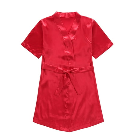

MXIEZI Boys Girls Silky Satin Kimono Robe Kids Short Sleeve Night-Robe Spring Fall Solid Color Printing Bathrobe for 1-7 Years Toddler Unisex Sleepwear