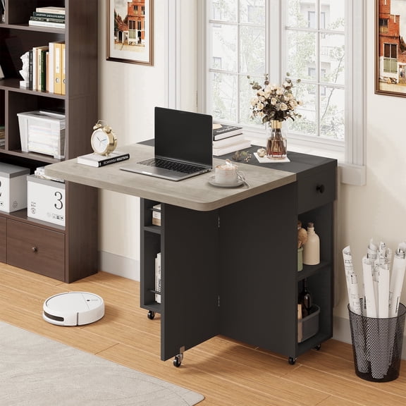 Anyact Folding Dining Table for 4, Drop Leaf Dining Table with 6 Wheels and 2-Layer Storage Shelf, Space Saving Kitchen Table for Small Spaces, Apartment, Grey Carlo Oak   Matte Black