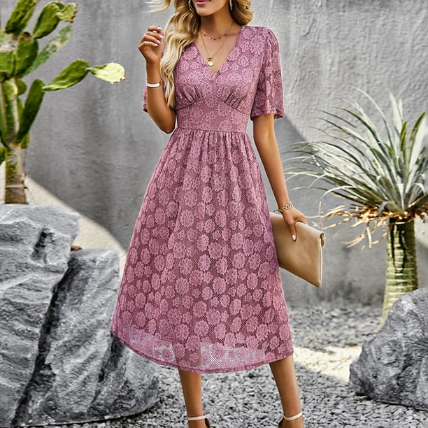 Vestido ajustado con estampado floral Cuello en V Mujer Manga corta Estilo casual Traje diario FLhrweasw Nuevo