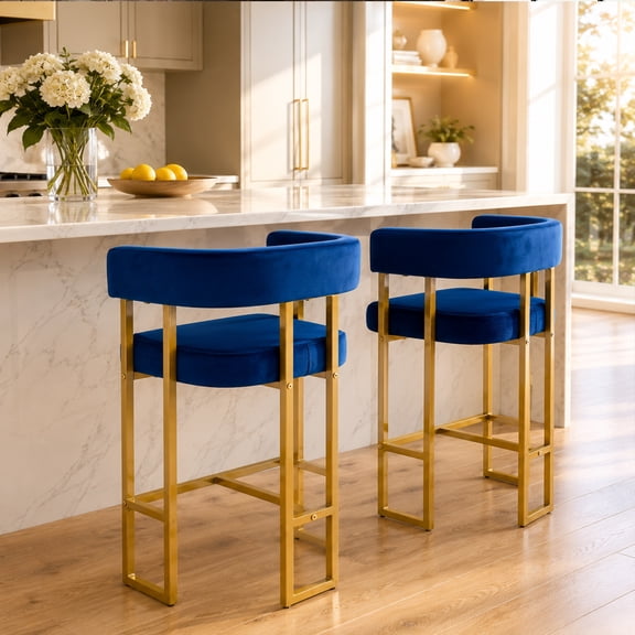 StnTalk Set of 2 Velvet Counter Height Bar Stools, Modern Gold Metal Frame Kitchen Island Chairs with Curved Backrest, Upholstered Seat, Footrest for Home Bar