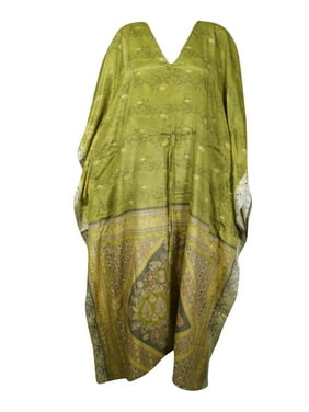 Mogul Women Kaftan Maxi Dress, Green Beige Printed Kaftan, Summer Bohemian Lounger Caftan Maternity Dresses,2XL