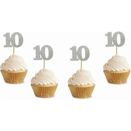 Glitter Sliver 10th Birthday Party Anniversary Party Cupcake Toppers. 10 Pack Number"10" Cupcake Toppers