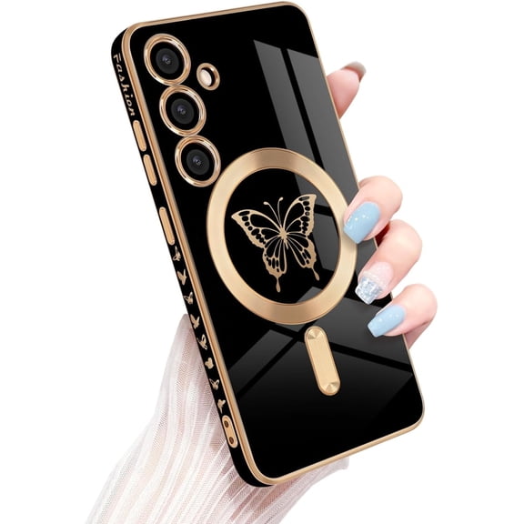 for Samsung Galaxy S24 Case, Cute Butterfly Magnetic Shockproof Plating Cover