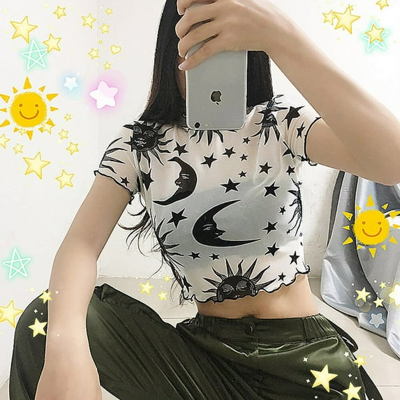 Seyurigaoka Women' s See-through Tee Tops Transparent Moon Star Print T-shirt