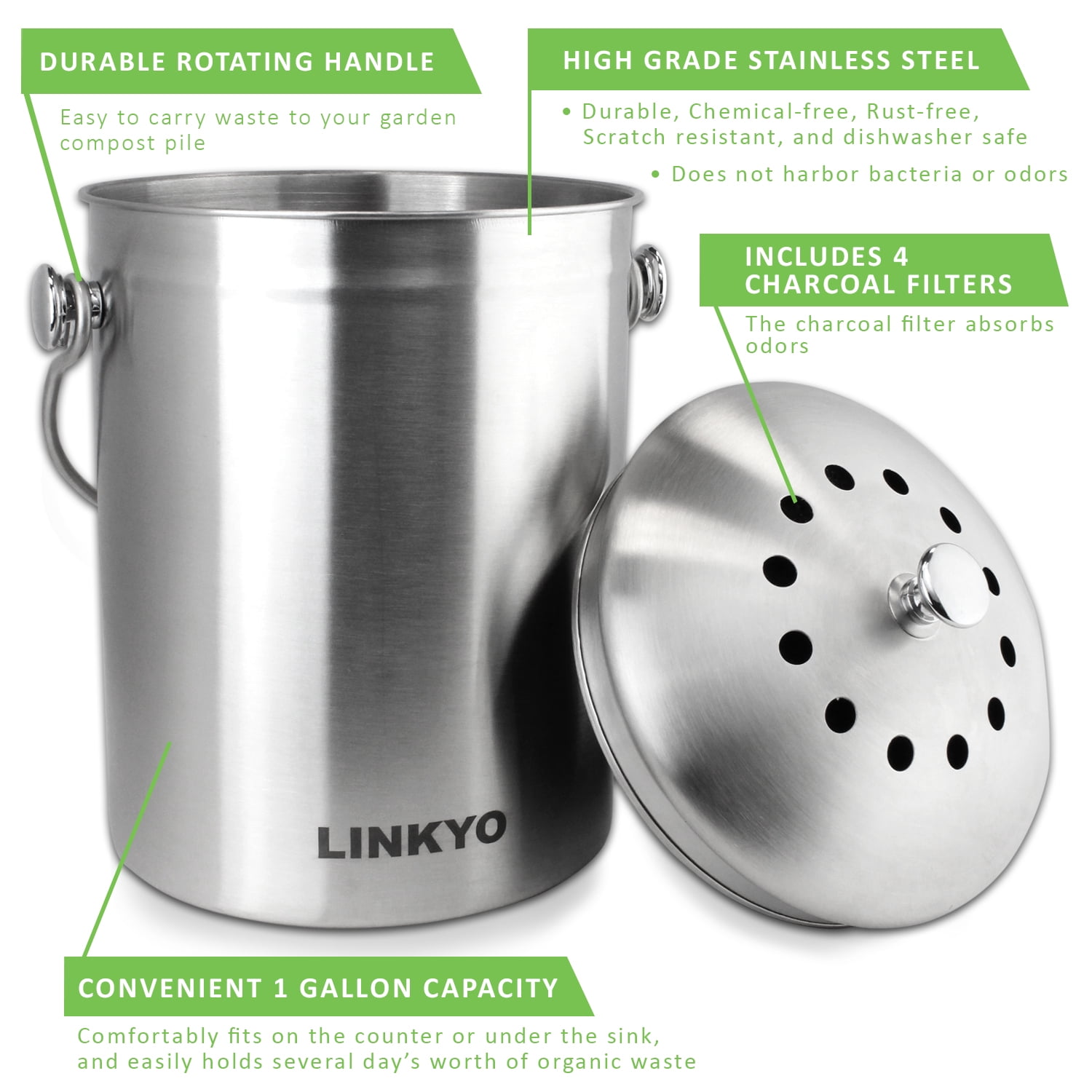 Linkyo Compost Bin 4 Filters Stainless Steel Kitchen Composter 1 Gallon