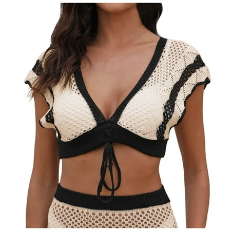 RUTAYY Swimwear Women Tops Contrast Color Stitching Deep V Woven Tops Bikini Tops Beach Cropped Cover Up Boho Swim Wear