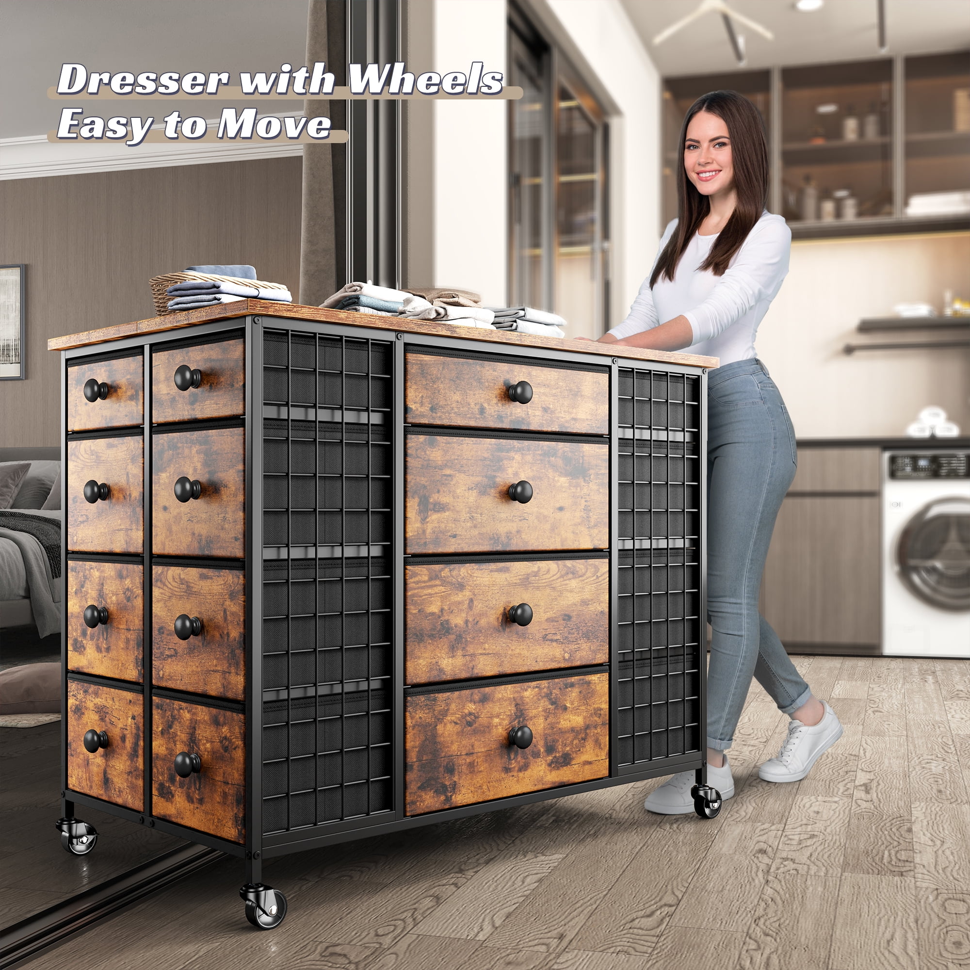 EnHomee 24 Drawers Dresser & Chests of Drawers Fabric dresser for Closet with Wheels,Rusric Brown