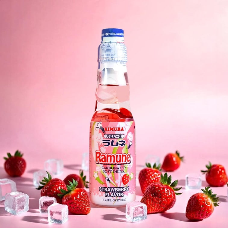 Pack of 18, Kimura Strawberry Flavor Ramune Soda, 6.76 oz