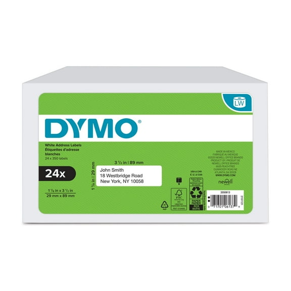 DYMO Authentic LW Mailing Address Labels, DYMO Labels for LabelWriter Label Printers, White, 1-1/8" x 3-1/2", 24 Rolls of 350 (8400 Total)