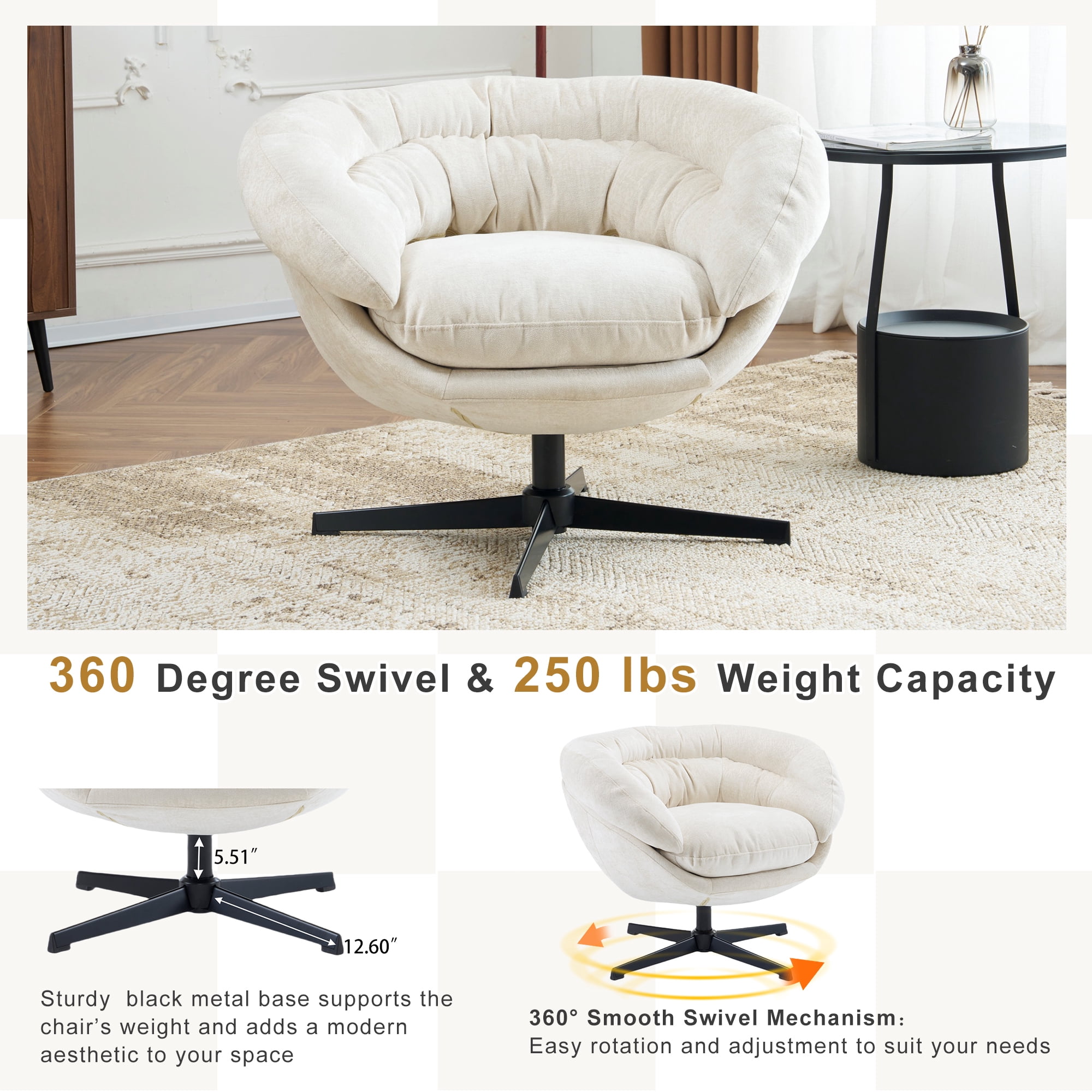 EUROCO 33" Ergonomic Chenille Swivel Chair,Cotton Accent Chair with Soft Thick Removable Cushion and Metal Base,360 Degree Swivel for Living, Bedroom, Reading Room,Beige