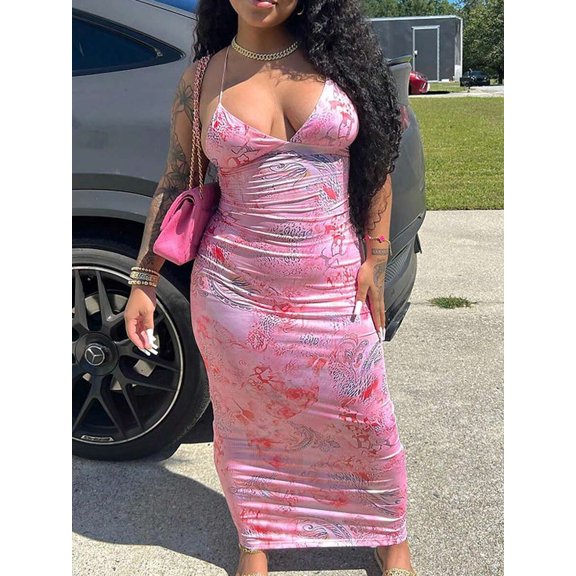 Pink Elegant Sexy Vacation Date Tie-Dye Print Backless Halter Maxi Dress For Women