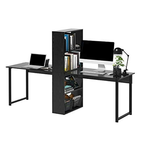 HOMCOM 88 Extra Long 2 Person Computer Desk with Storage Shelves Combo Double Workstation Storage Study Writing Table for Home Office Bookshelf Black