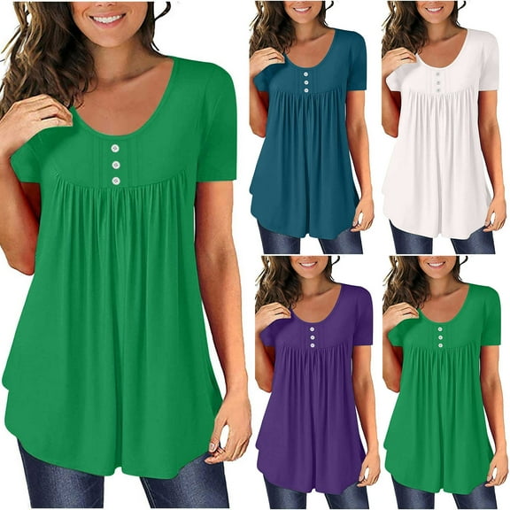 Aboser Short Sleeve Tunic Tops for Women Summer Casual T Shirts Plus Size Crewneck Blouses Flowy Hide Belly Tunics Solid Color Long Shirt Top