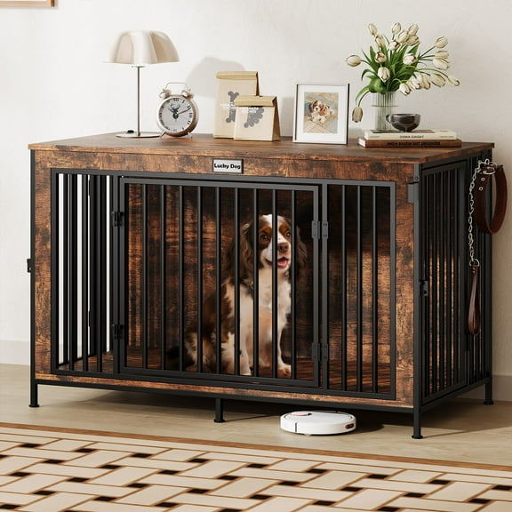 47 Inch Dog Crate Furniture, Large Dog Kennel & End Table, Sturdy Wooden Dog Cage TV Stand with Divider, Decorative Dog House for Medium to Large Dogs