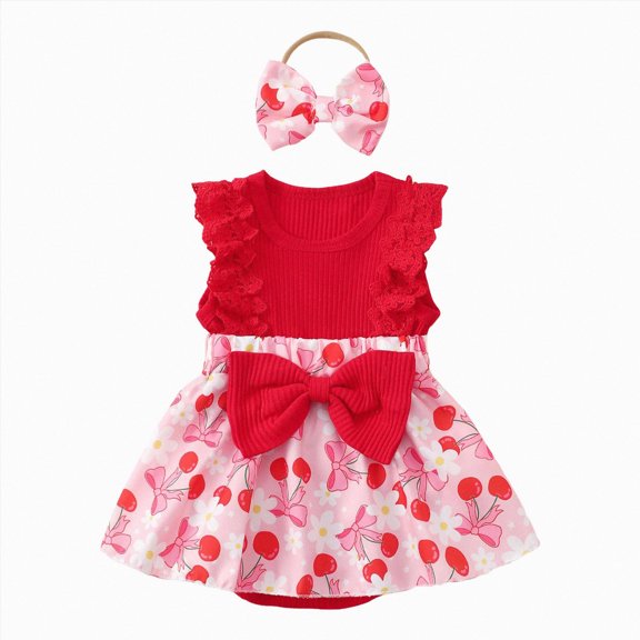 BOBOGOJP Newborn Girl Summer Outfit Cute Fly Sleeve Ruffle Knit Romper Dress Bowknot Hairband Infant Baby Clothes(Pink, 3-6 Months)