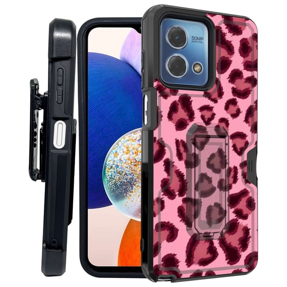 ANJ  Rugged Shockproof Kickstand Hybrid Case with Card Slot and Holster   Tempered Glass Cover for Motorola Moto G Stylus 5G (2023) - Pink Leopard