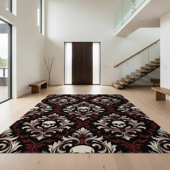 Design&I 8'x10' Washable Area Rug Halloween Vintage Skull Damask Ornamental Symmetrical Large Border for Dining Room, Office, Lounge, Snag-Free