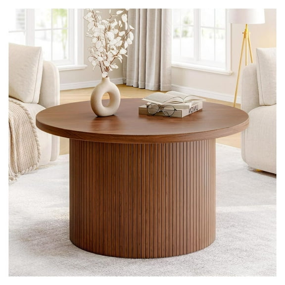 31.5" Round Coffee Table, Tambour Design Coffee Tables for Living Room, Century Modern Wood Coffee Table, Drum Accent Small Center Table, Walnut